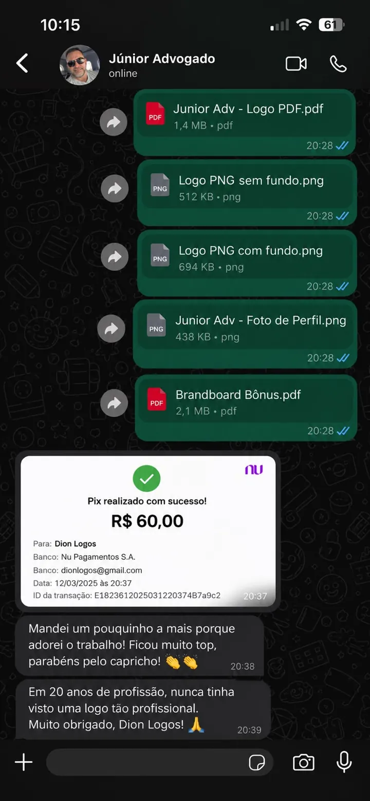 Print de conversa no WhatsApp com Júnior, advogado, elogiando a logo criada pela Dion Logos
