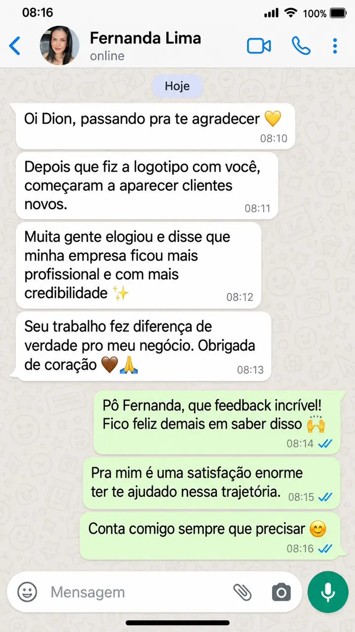 Print de conversa no WhatsApp com Fernanda, empreendedora, elogiando a logo criada pela Dion Logos