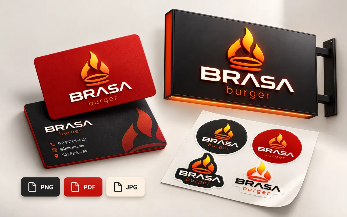 Logo Brasa Burger aplicada em cartão de visita, placa de fachada e adesivos, com arquivos para gráfica